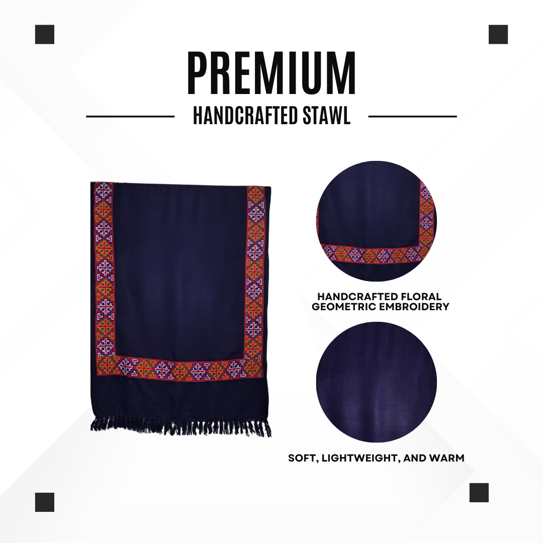 Women Premium Kinnauri Patti Woolen Stole - 100% Pure with Intricate Embroidery (Detailing) on All Four Sides