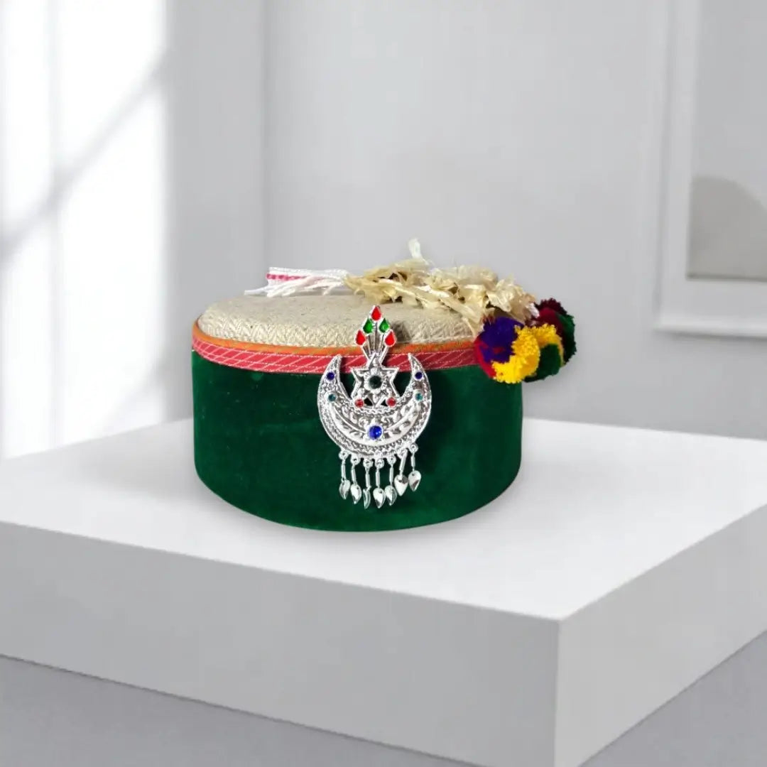 Green Tweed Patti Cap with Flower And Star Chand Kalgi | Unisex Himachali Pahadi Topi Combo of 3