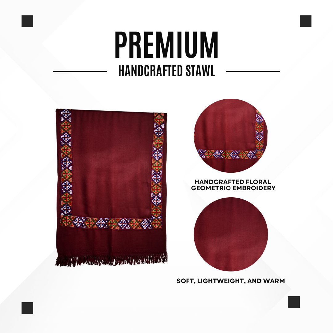 Women Premium Kinnauri Patti Woolen Stole - 100% Pure with Intricate Embroidery (Detailing) on All Four Sides
