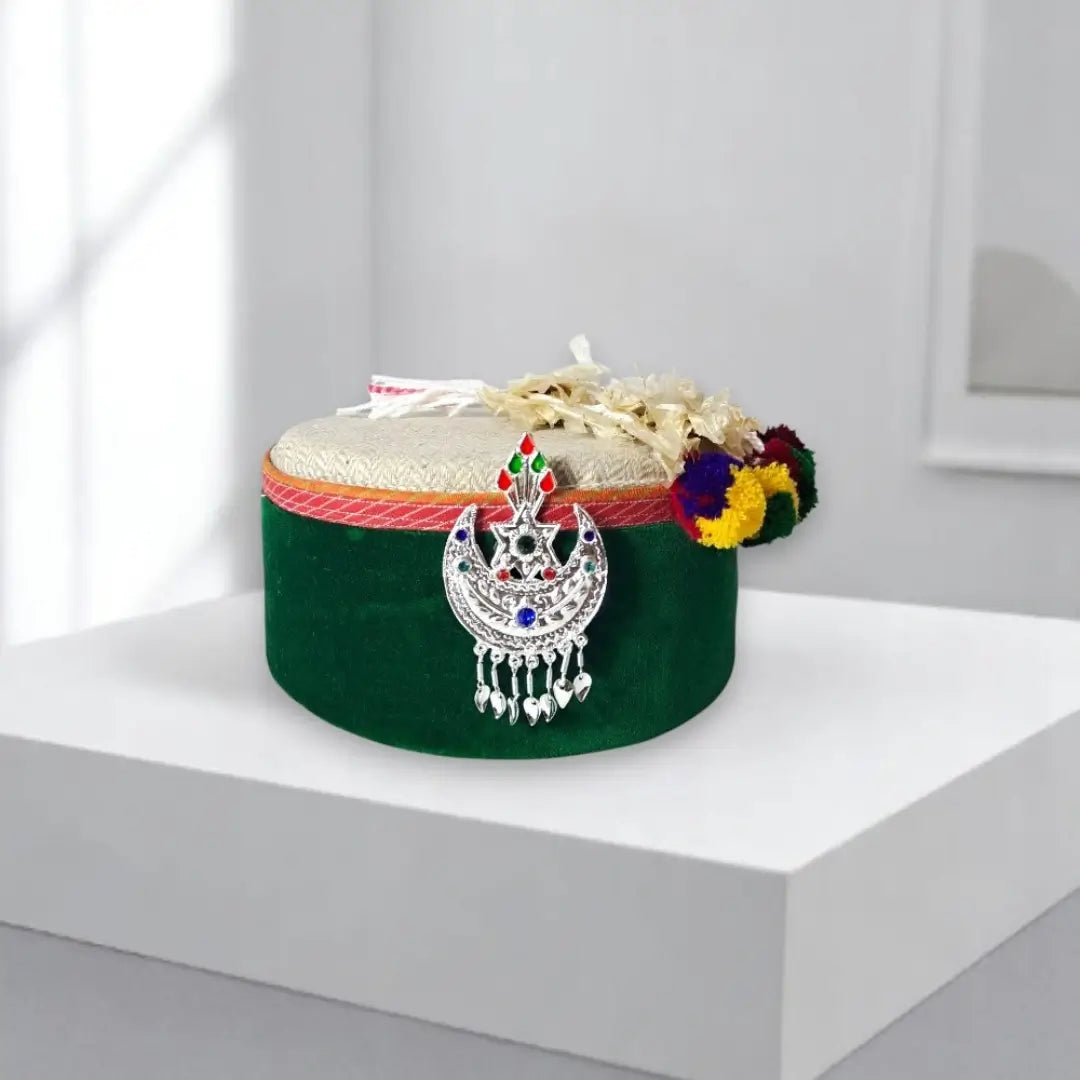 Green Tweed Patti Cap with Flower And Star Chand Kalgi | Unisex Himachali Pahadi Topi Combo of 3