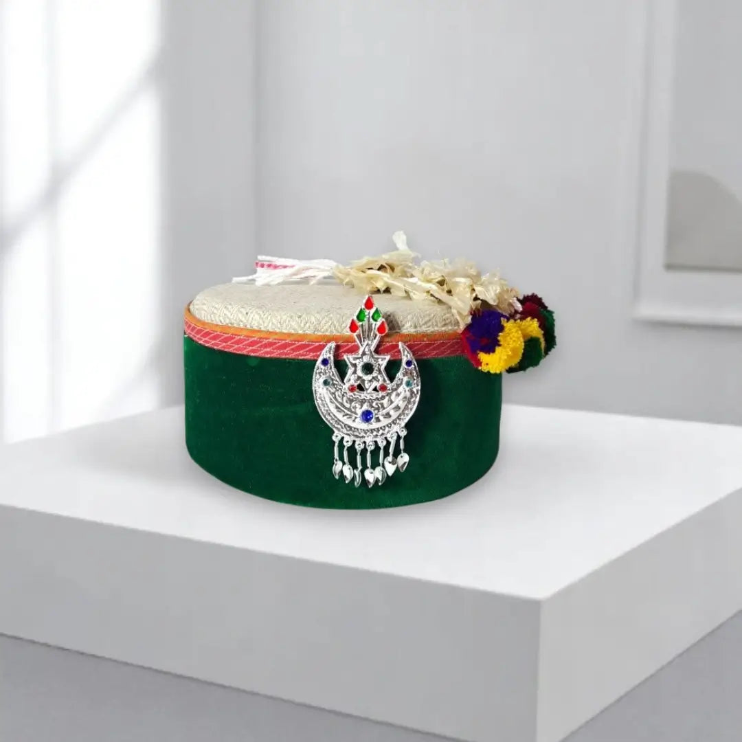 Green Tweed Patti Cap with Flower And Star Chand Kalgi | Unisex Himachali Pahadi Topi Combo of 3