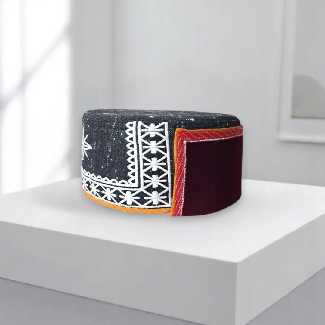 Premium Kinnauri Maroon Angora Wool Cap with Chand Star Kalgi & Floral Accessory | Unisex Himachali Pahadi Cap Combo (Set of 3)