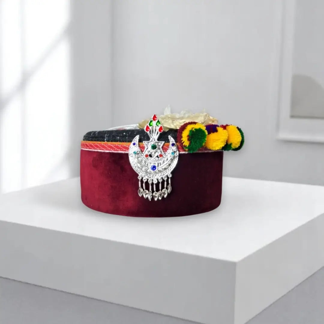 Premium Kinnauri Maroon Angora Wool Cap with Chand Star Kalgi & Floral Accessory | Unisex Himachali Pahadi Cap Combo (Set of 3)