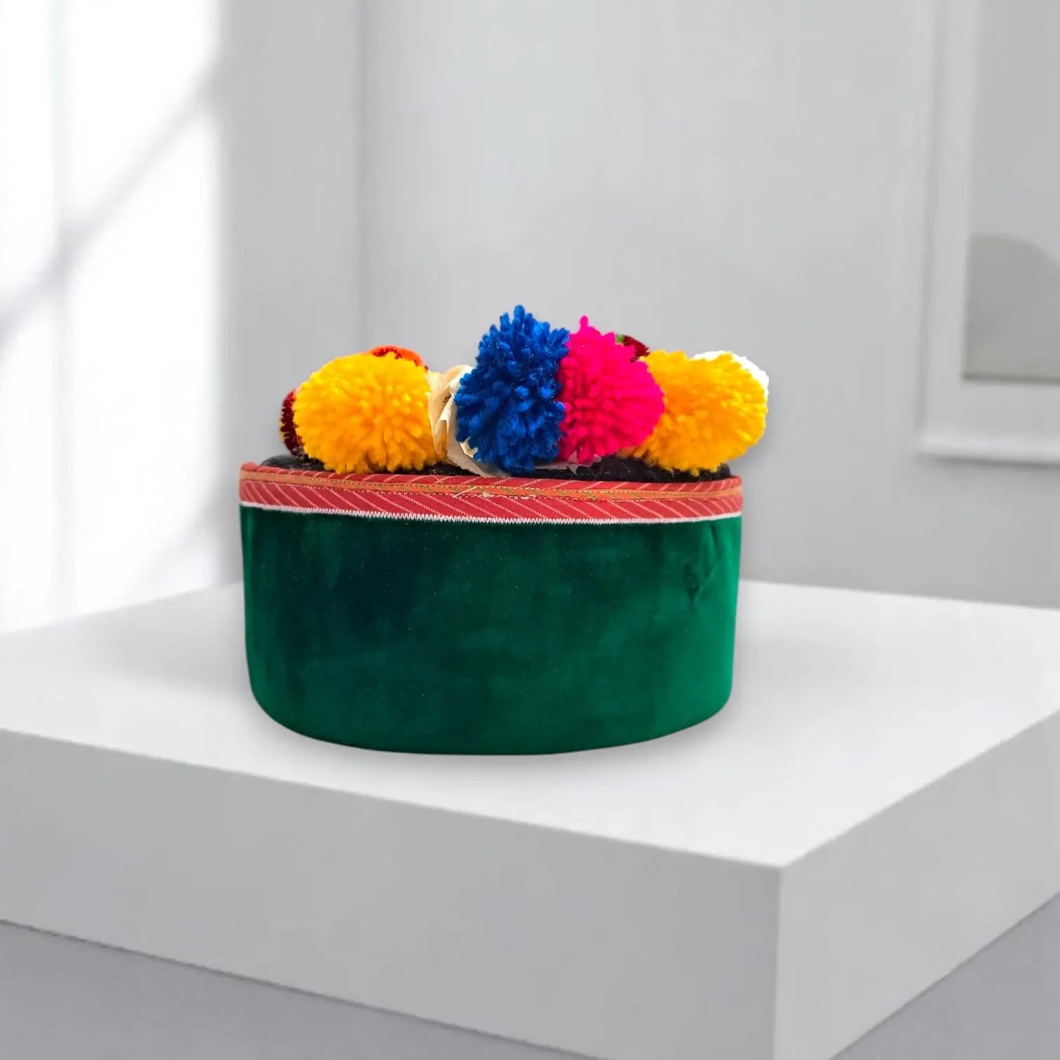 Pure Angora Wool Himachali Green Color Cap With Kinnauri Flower  | All-Season Traditional Pahadi Topi  | Unisex & Handcrafted