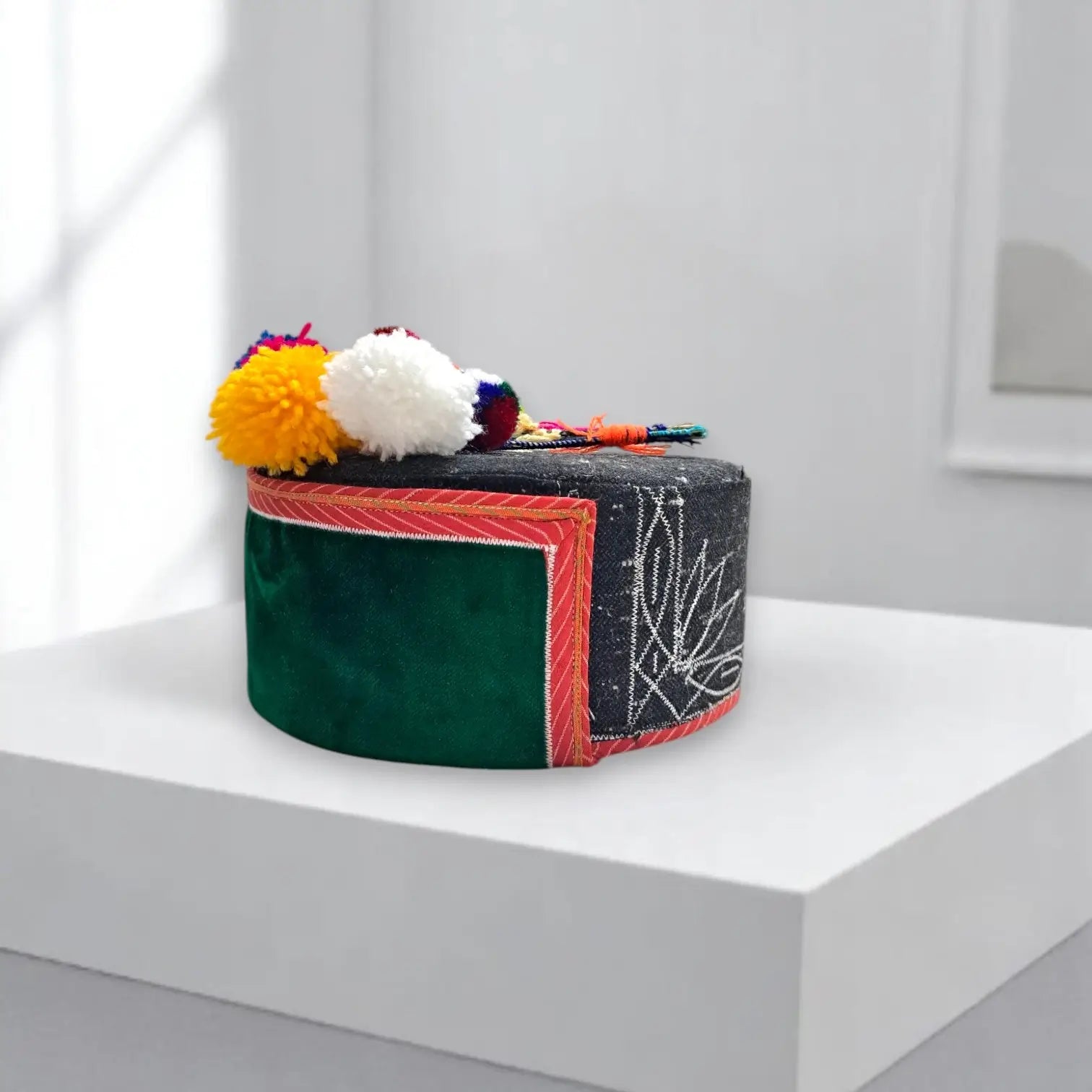 Pure Angora Wool Himachali Green Color Cap With Kinnauri Flower  | All-Season Traditional Pahadi Topi  | Unisex & Handcrafted