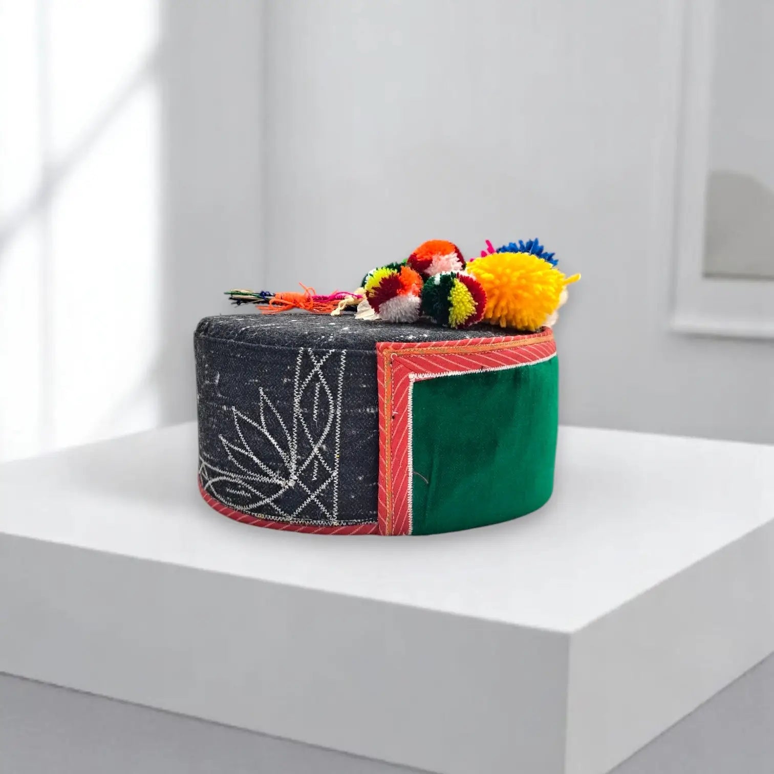 Pure Angora Wool Himachali Green Color Cap With Kinnauri Flower  | All-Season Traditional Pahadi Topi  | Unisex & Handcrafted