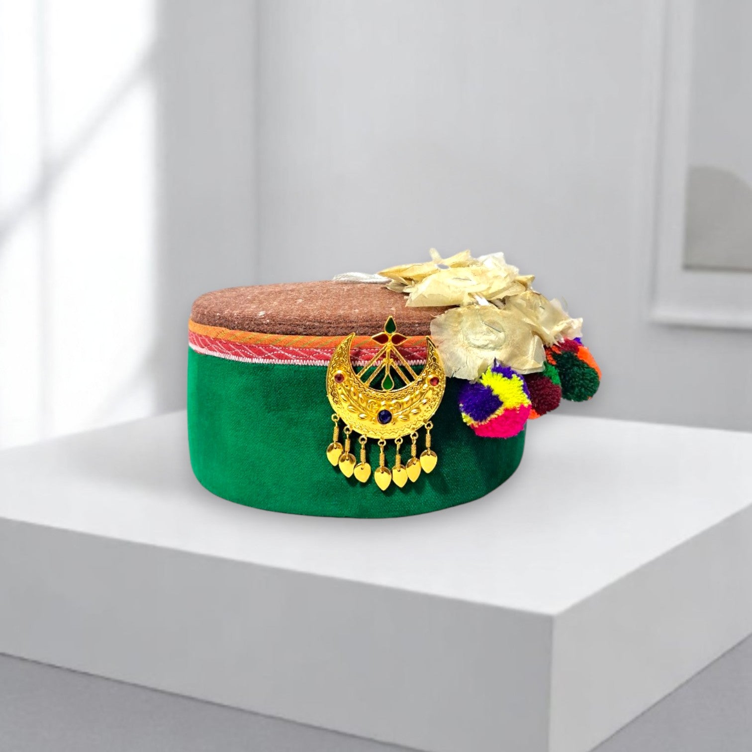 Himachali Traditional Kinnauri Topi with Green Patti and Pom-Poms Flower, Golden Chand on top Unisex Cap