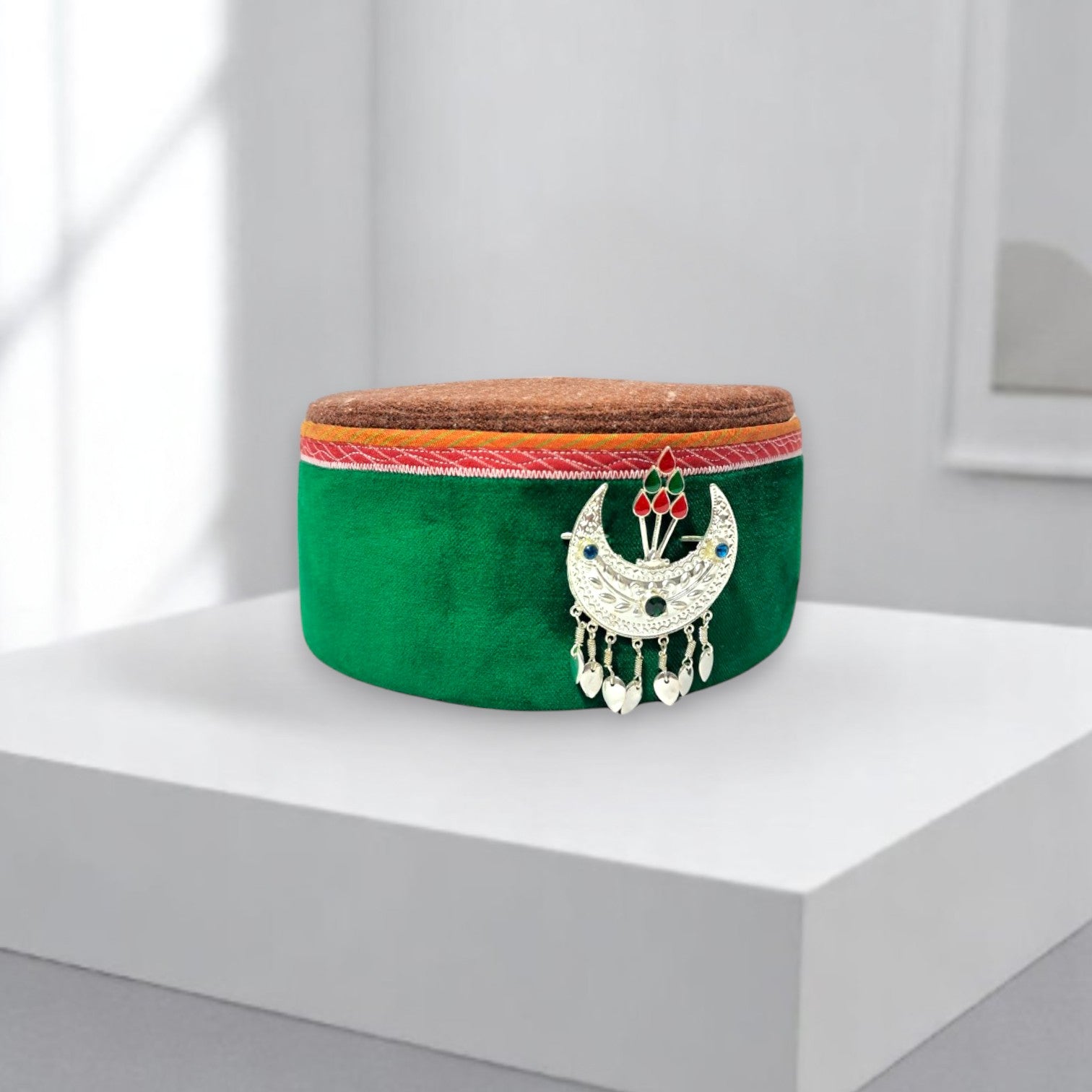 Himachali Traditional Kinnauri Topi with Green Patti and Silver Chand on top Unisex Cap