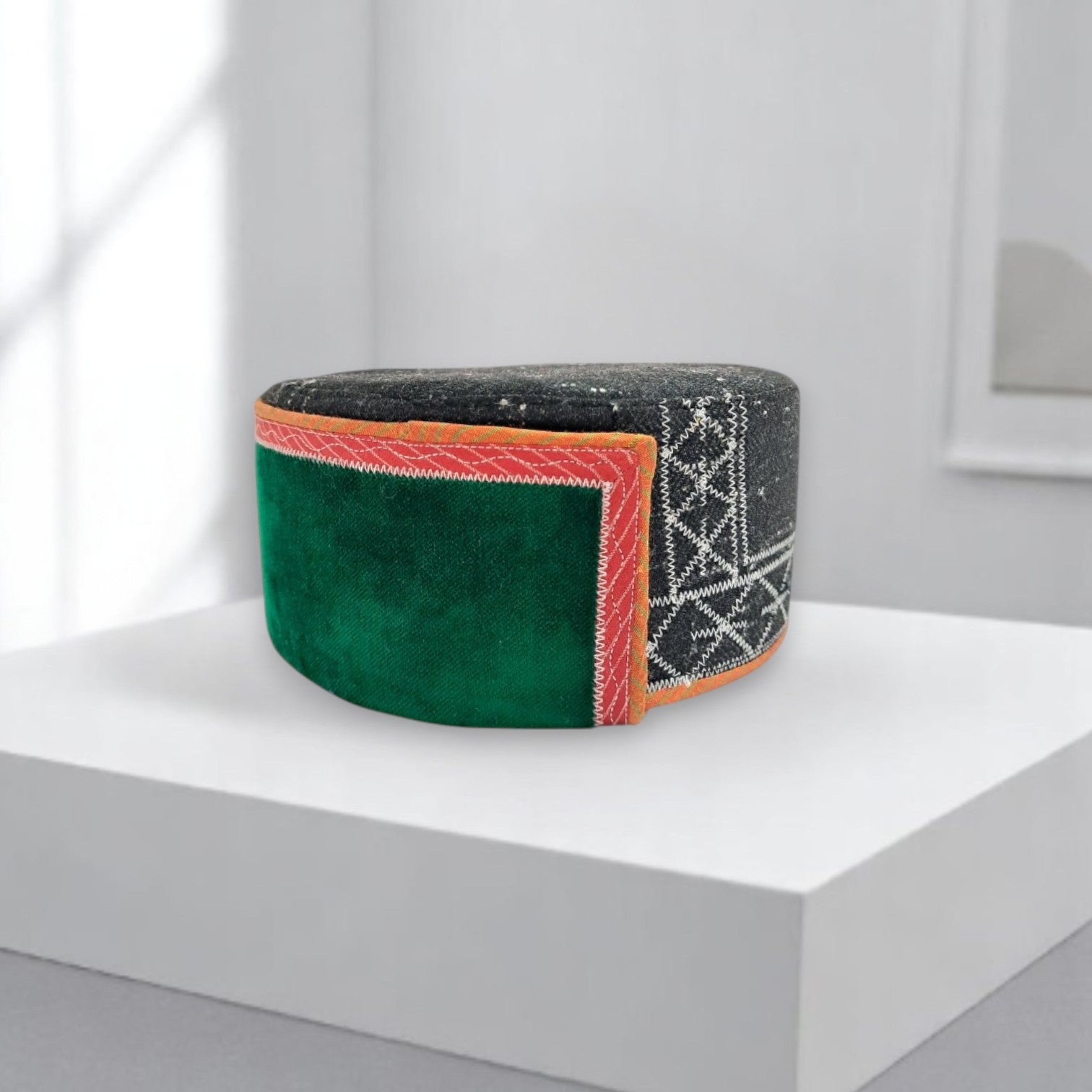 Himachali Traditional Angora Cap with Green Patti And Flower Combo(Kinnauri) Unisex Cap