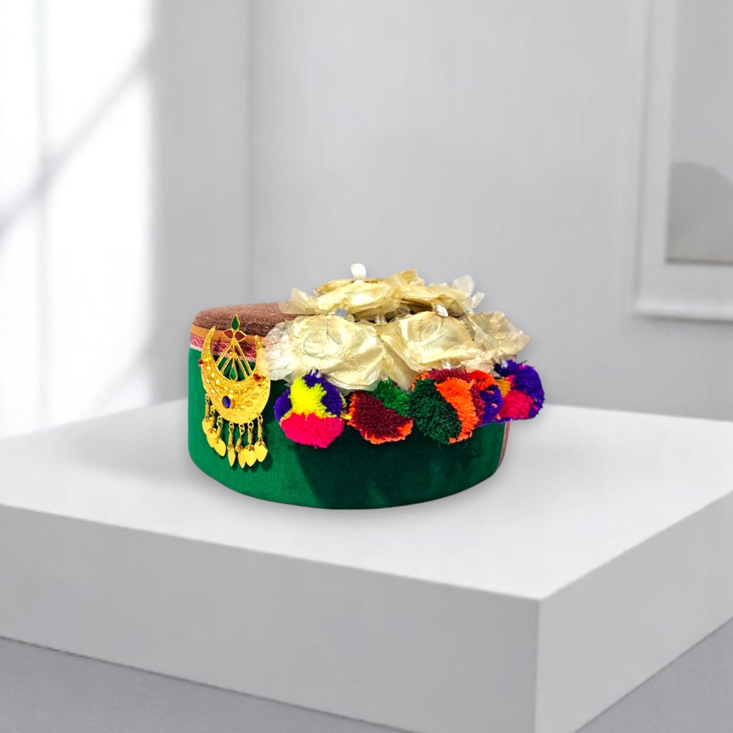Himachali Traditional Kinnauri Topi with Green Patti and Pom-Poms Flower, Golden Chand on top Unisex Cap
