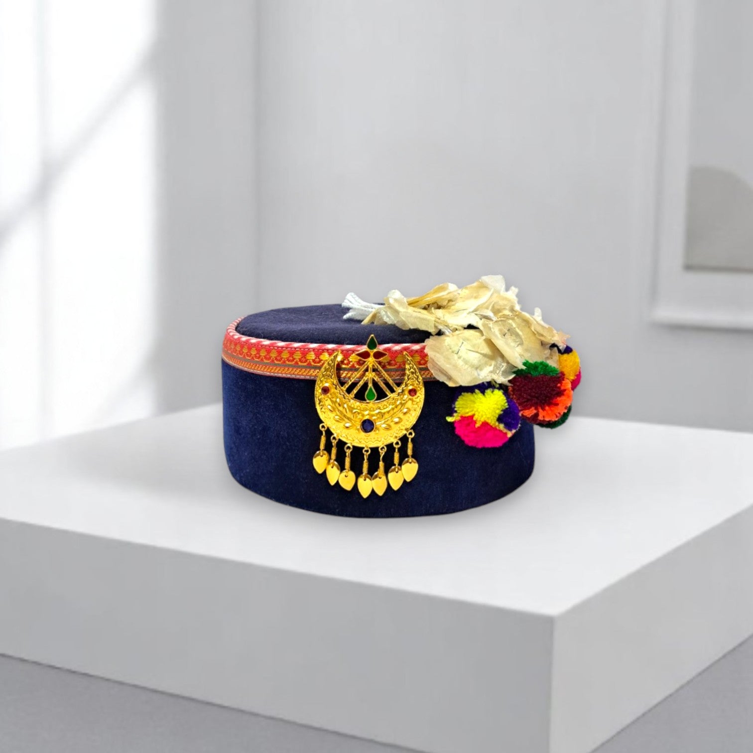 Himachali Traditional Saneel Gotta Topi with Royal Navy Blue color Patti and Pom-Poms Flower, Golden Chand on top Unisex Cap