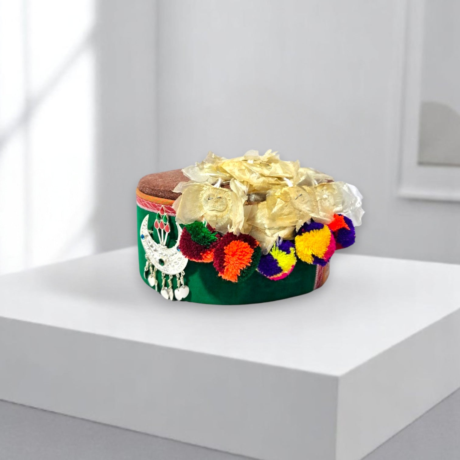 Himachali Traditional Kinnauri Topi with Green Patti and Pom-Poms Flower, Silver Chand on top Unisex Cap