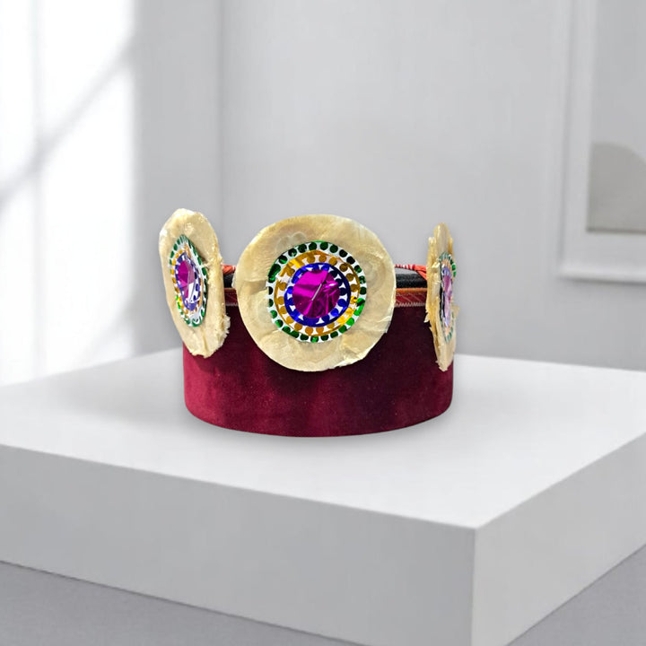 Himachali Traditional Maroon Patti Angora Cap With Flower On Top