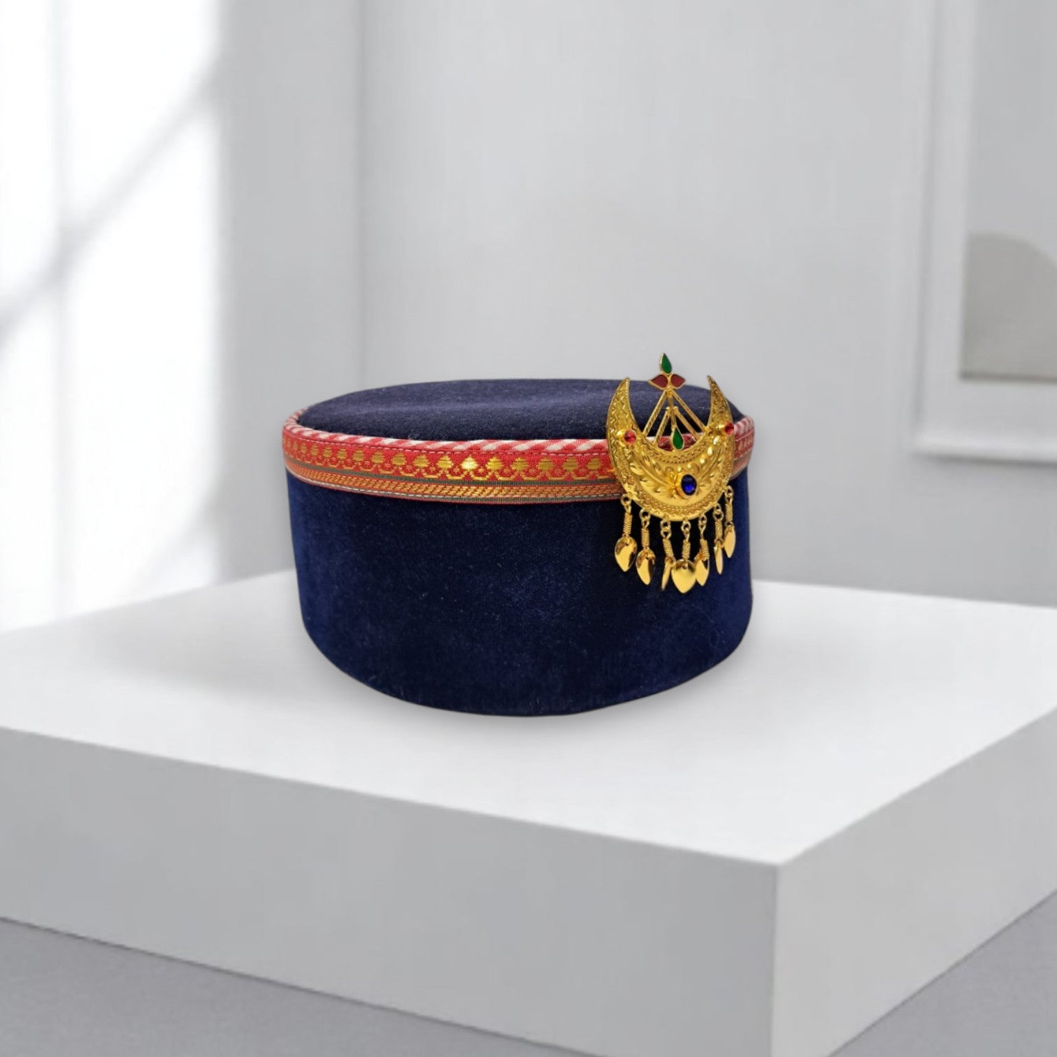 Himachali Traditional Saneel Gotta Topi with Royal Navy Blue color Patti and Golden Chand on top Unisex Cap