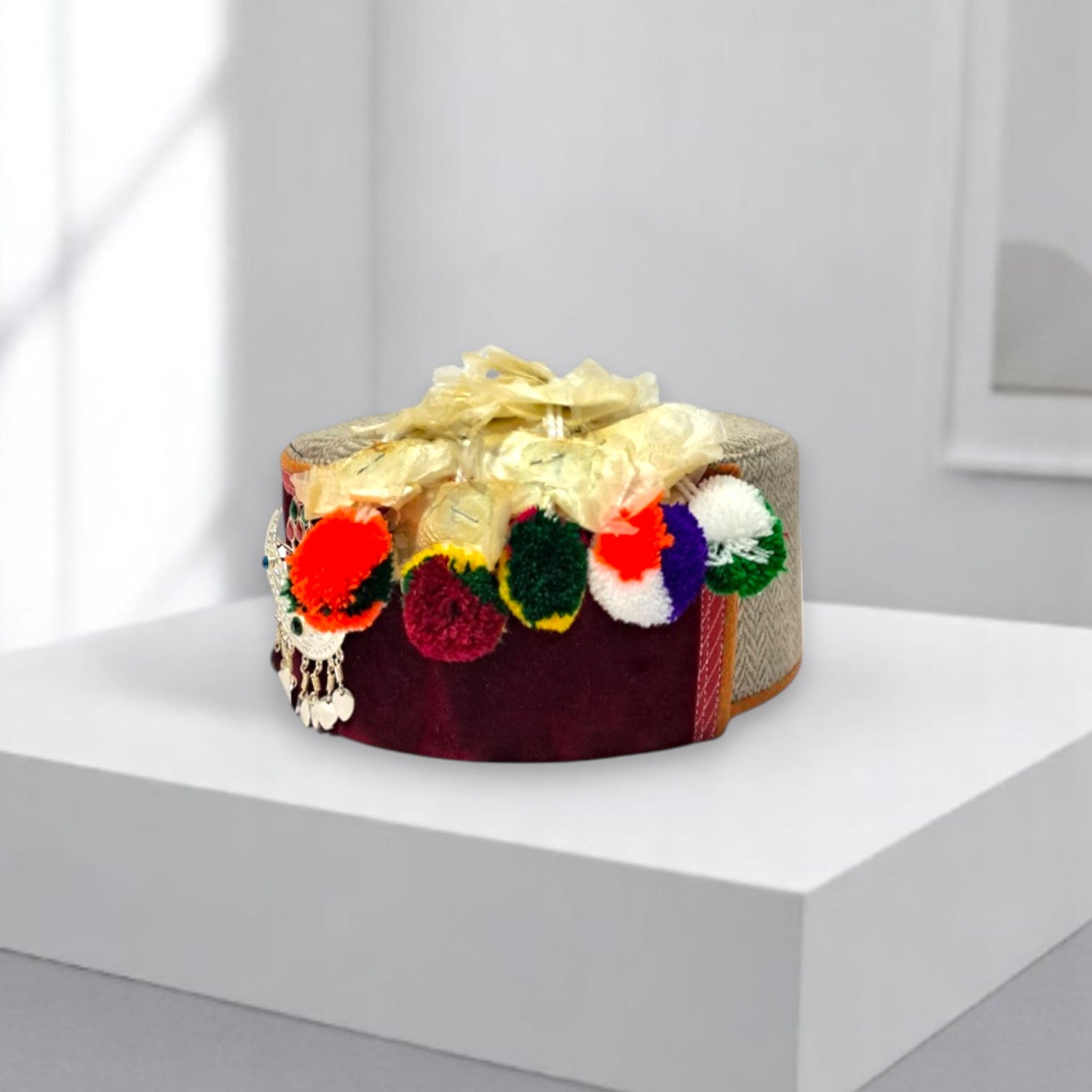 Himachali Traditional Tweed Topi with Maroon Patti and Pom-Poms Flower, Silver Chand on top Unisex Cap