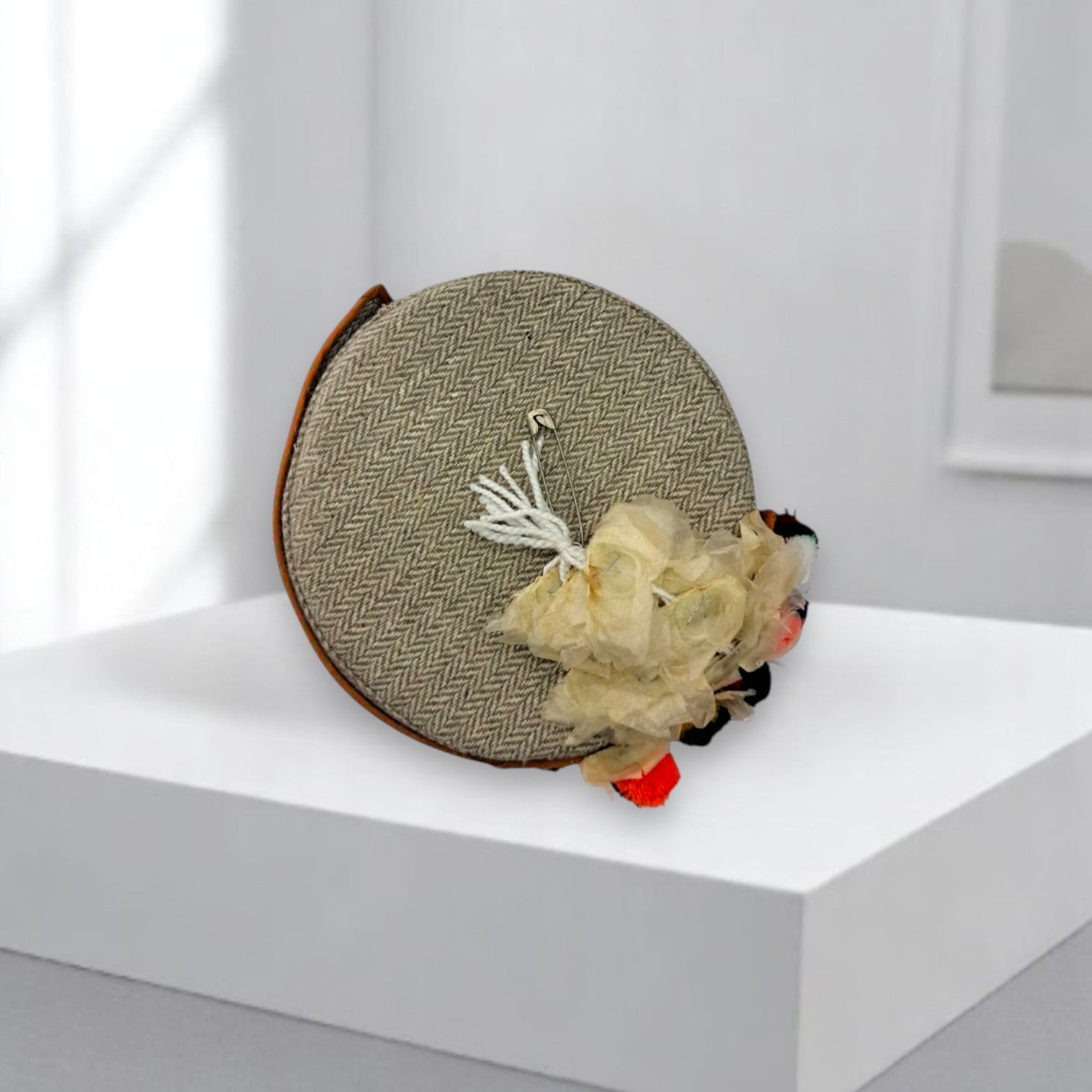 Himachali Traditional Tweed Topi with Maroon Patti and Pom-Poms Flower, Silver Chand on top Unisex Cap