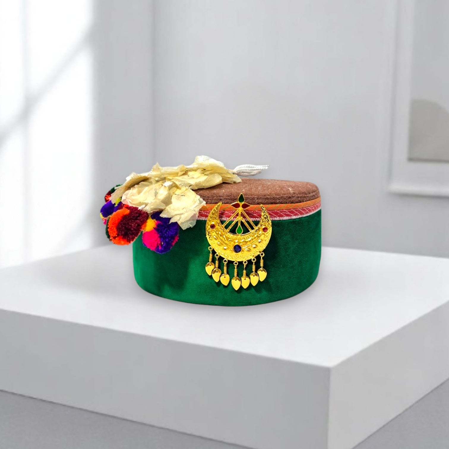Himachali Traditional Kinnauri Topi with Green Patti and Pom-Poms Flower, Golden Chand on top Unisex Cap