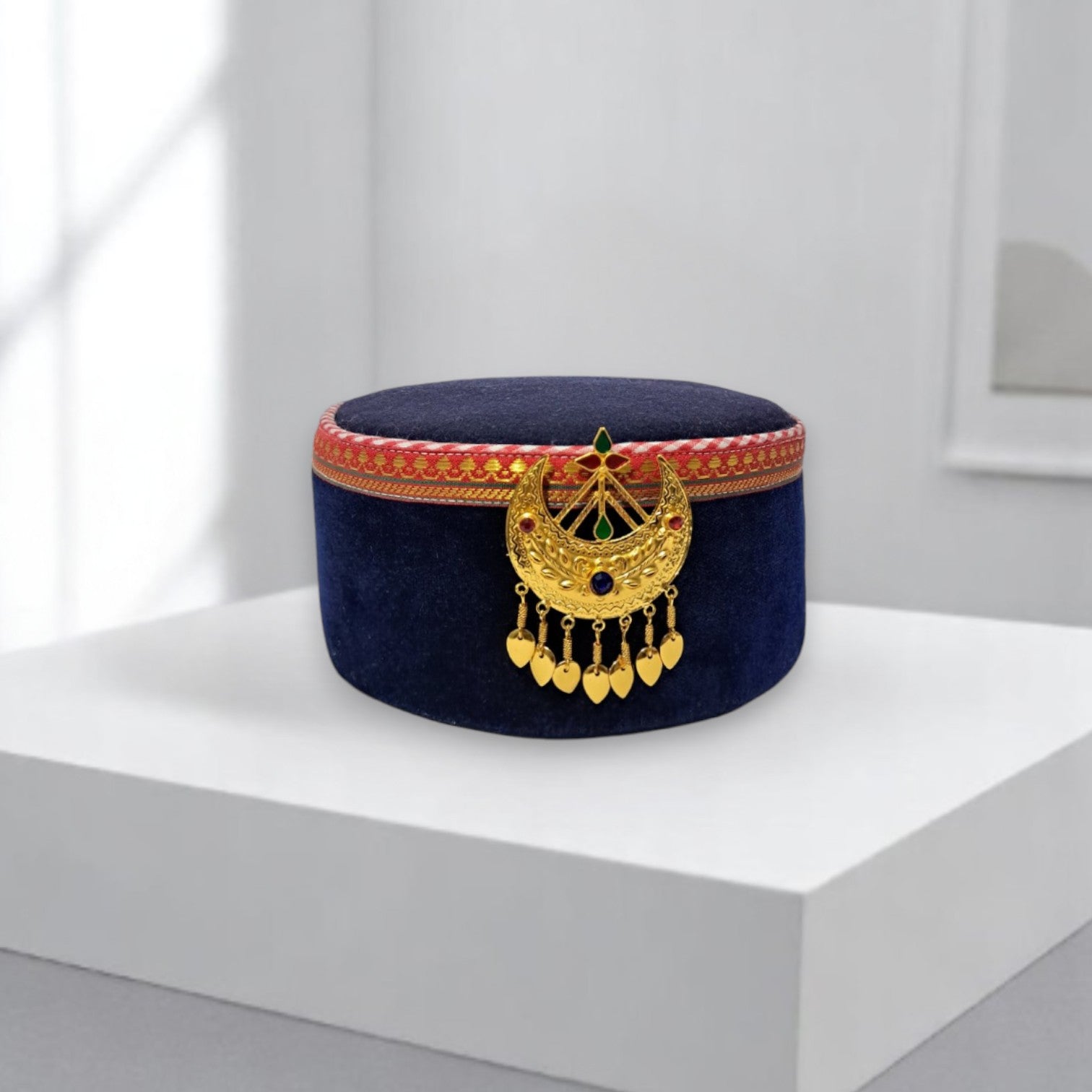 Himachali Traditional Saneel Gotta Topi with Royal Navy Blue color Patti and Golden Chand on top Unisex Cap