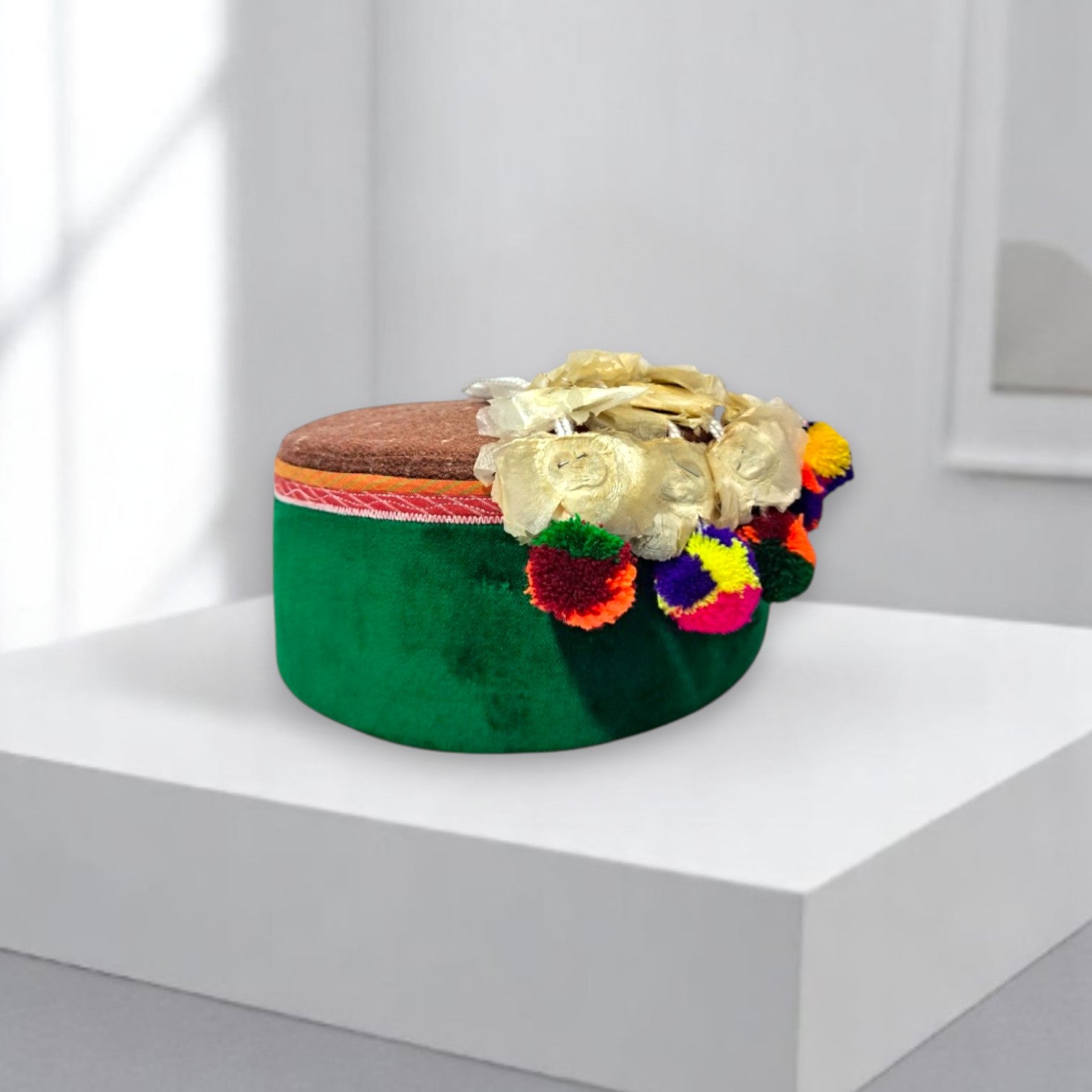 Himachali Traditional Kinnauri Topi with Green Patti and Pom-Poms Flower, Silver Chand on top Unisex Cap