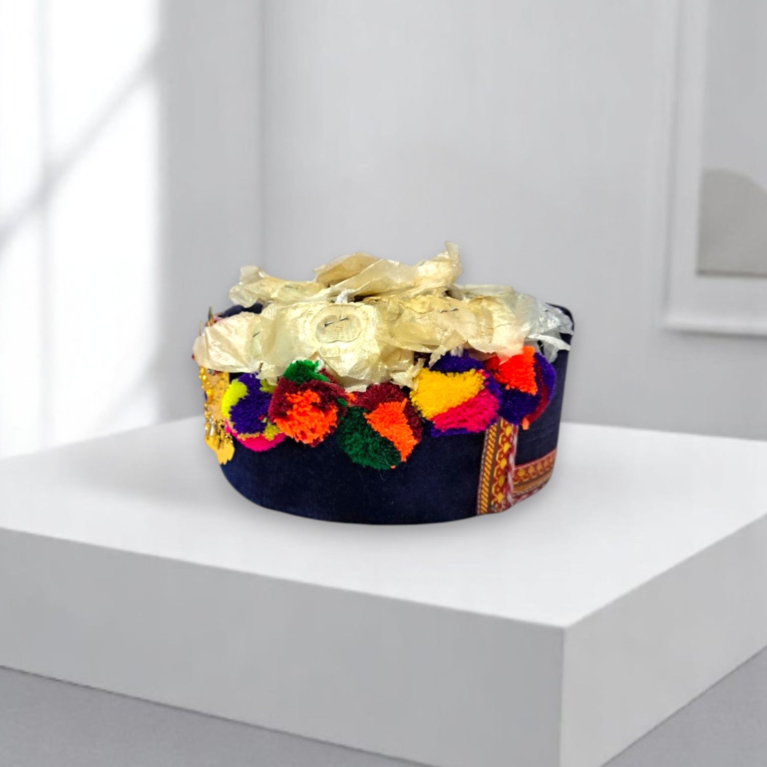 Himachali Traditional Saneel Gotta Topi with Royal Navy Blue color Patti and Pom-Poms Flower, Golden Chand on top Unisex Cap