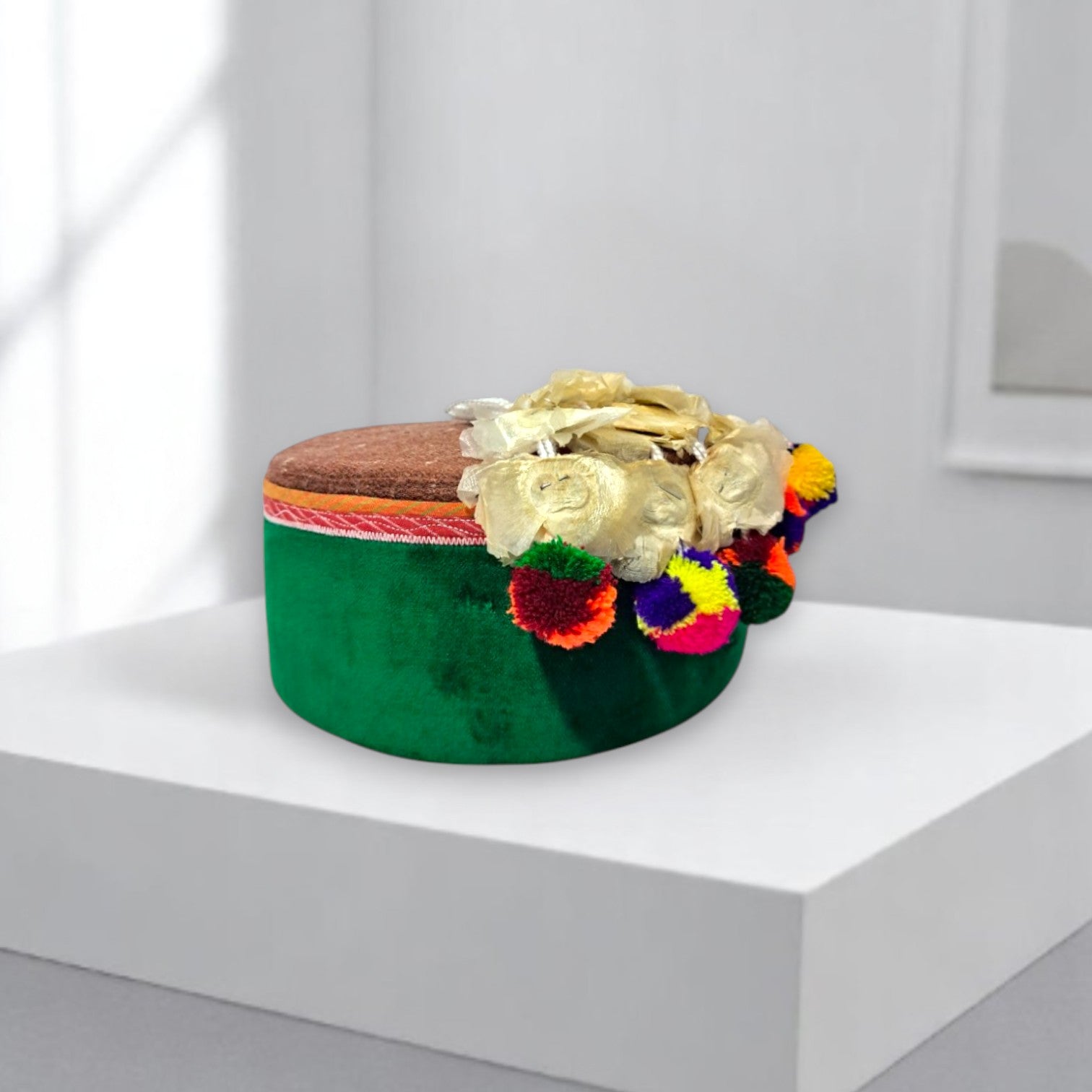 Himachal Traditional Kinnauri Topi with Green Patti and Pom-Poms Flower Unisex Cap