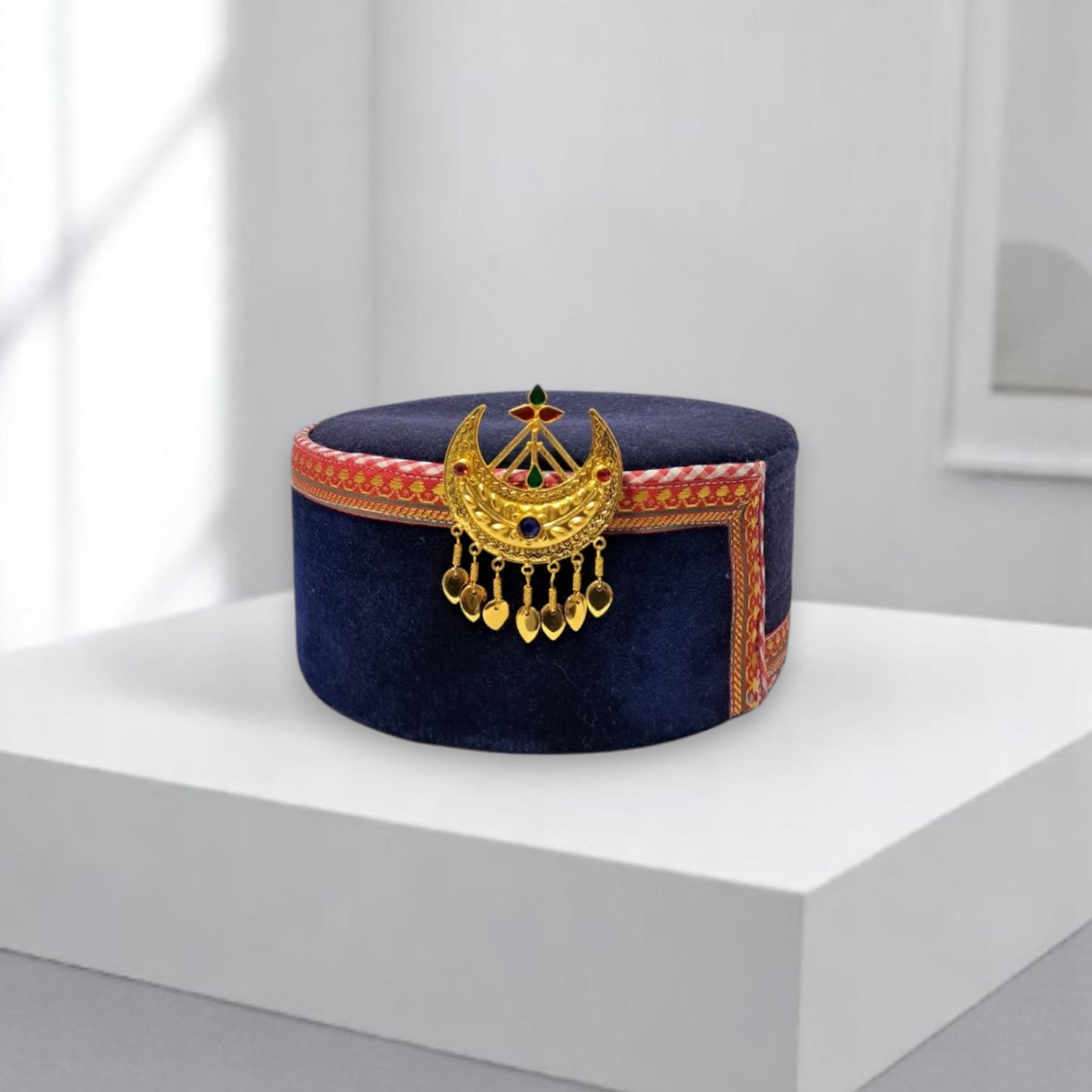 Himachali Traditional Saneel Gotta Topi with Royal Navy Blue color Patti and Golden Chand on top Unisex Cap