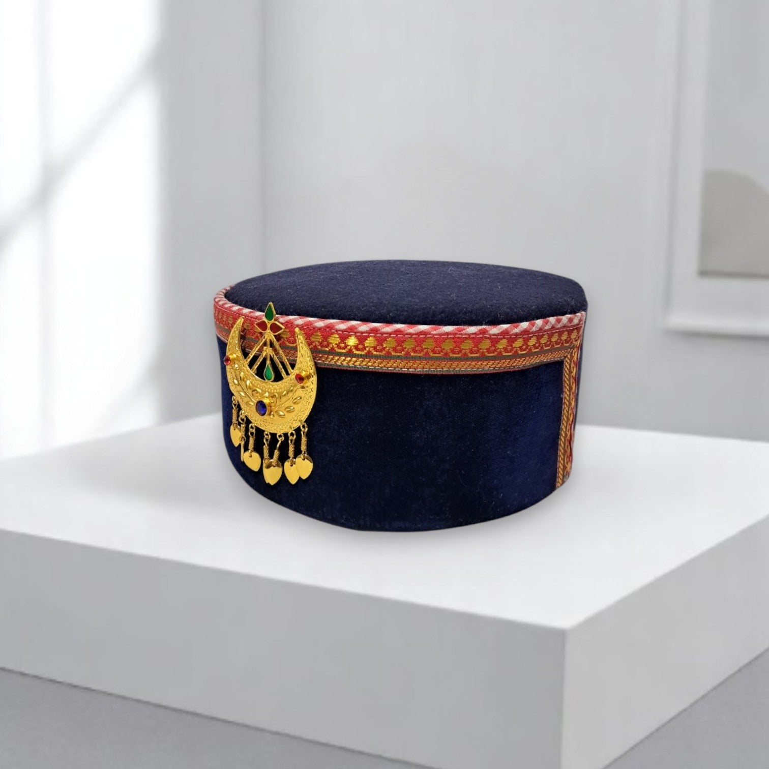 Himachali Traditional Saneel Gotta Topi with Royal Navy Blue color Patti and Golden Chand on top Unisex Cap