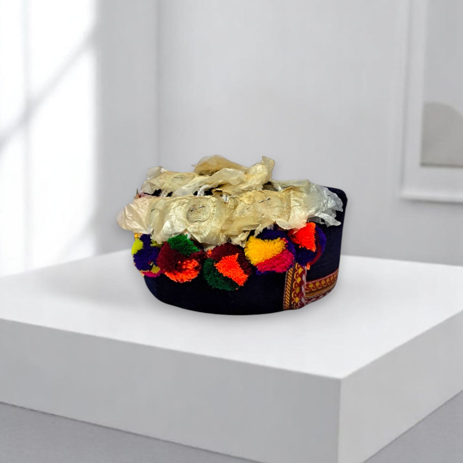 Himachali Traditional Saneel Gotta Topi with Royal Navy Blue color Patti and Pom-Poms Flower, Golden Chand on top Unisex Cap