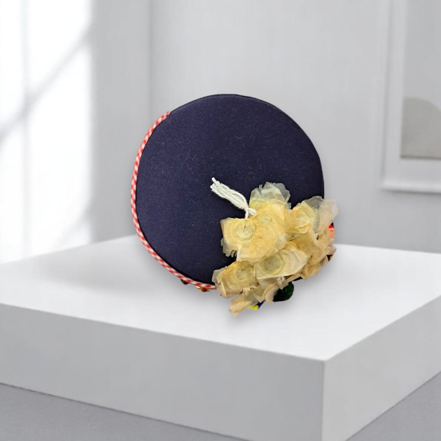 Himachali Traditional Saneel Gotta Topi with Royal Navy Blue color Patti and Pom-Poms Flower, Golden Chand on top Unisex Cap