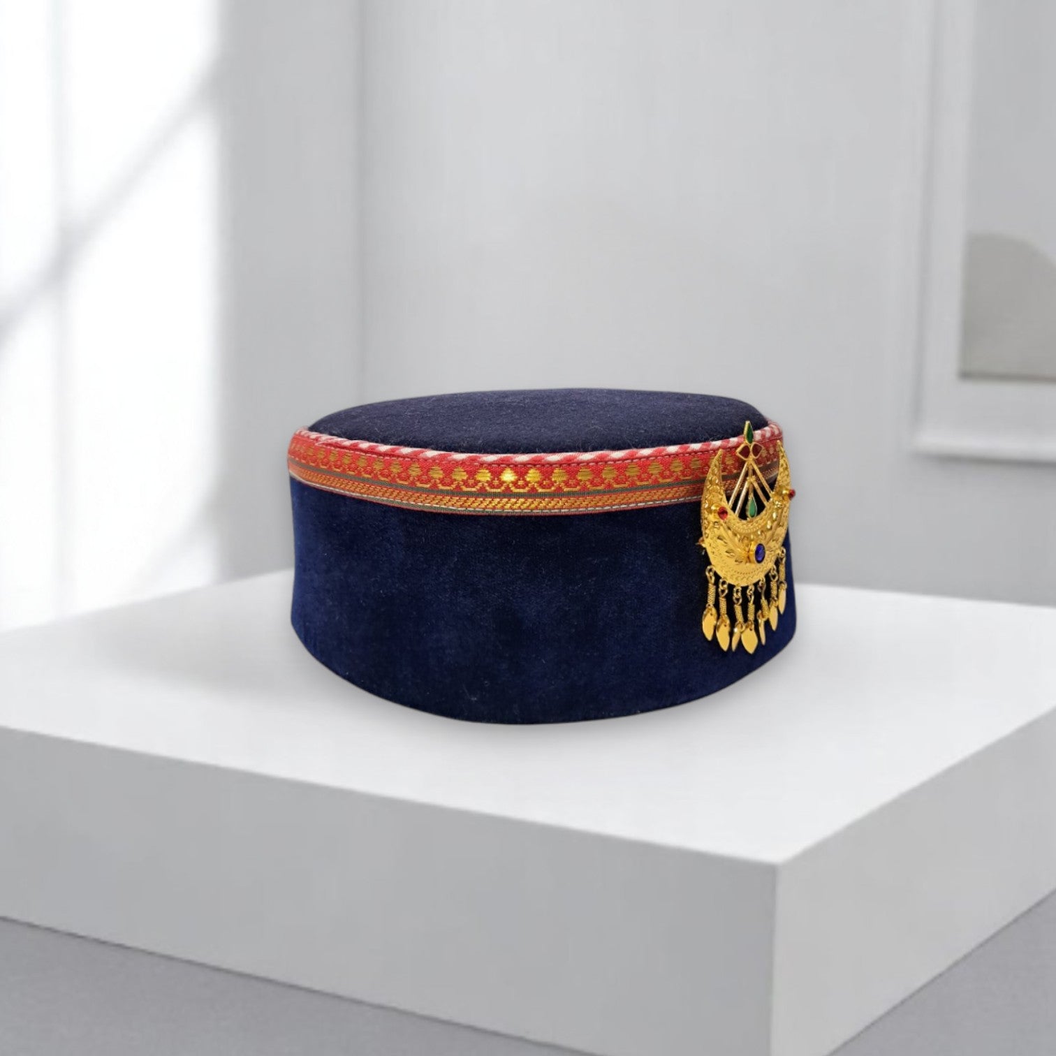 Himachali Traditional Saneel Gotta Topi with Royal Navy Blue color Patti and Golden Chand on top Unisex Cap