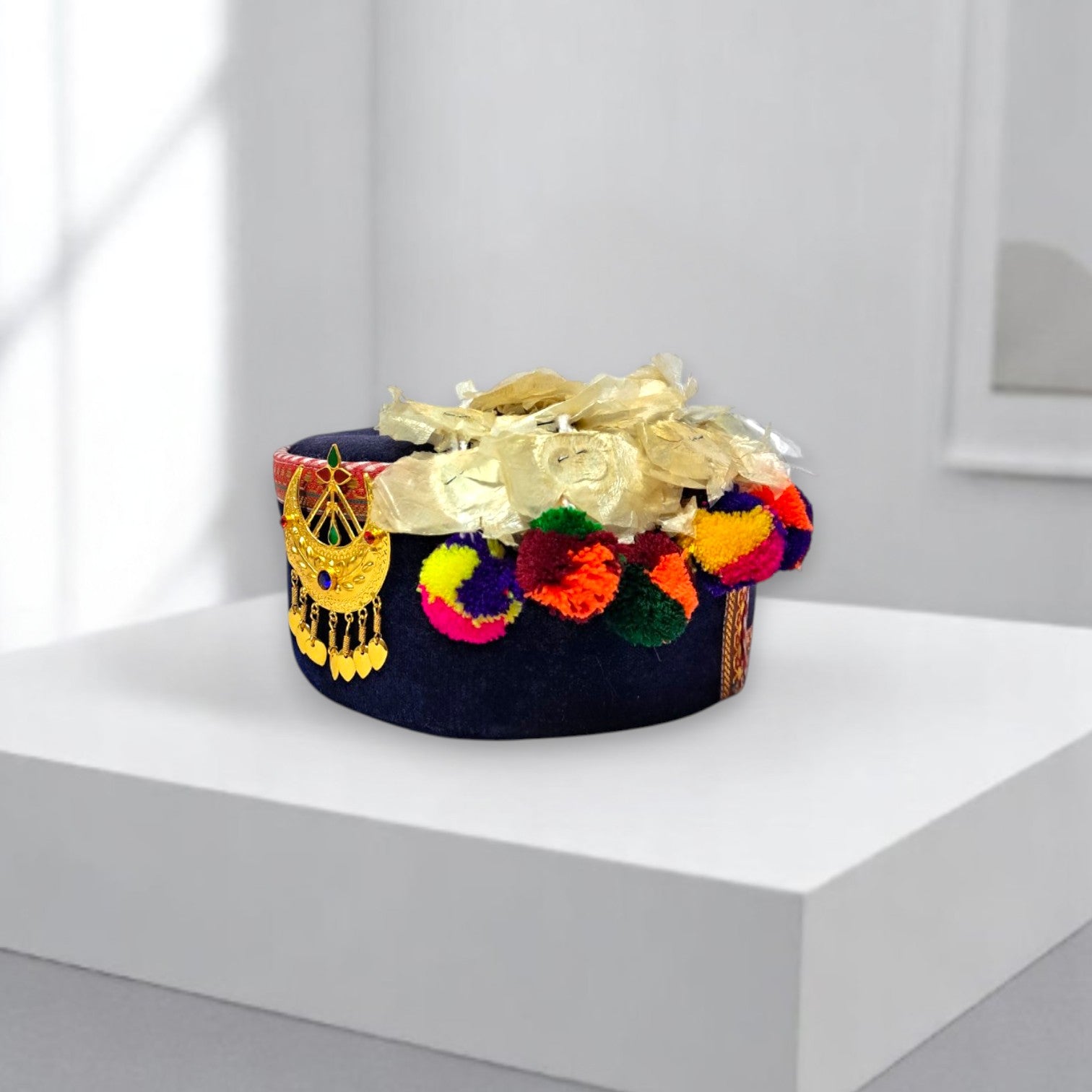 Himachali Traditional Saneel Gotta Topi with Royal Navy Blue color Patti and Pom-Poms Flower, Golden Chand on top Unisex Cap