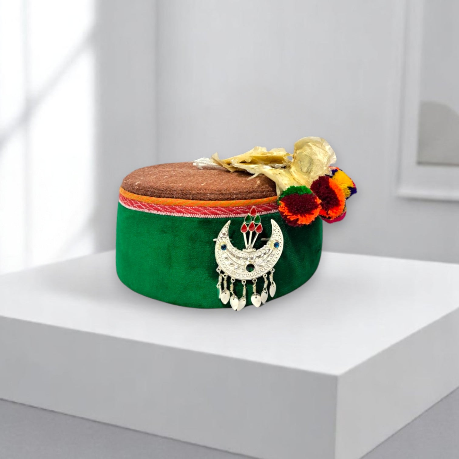 Himachali Traditional Kinnauri Topi with Green Patti and Pom-Poms Flower, Silver Chand on top Unisex Cap