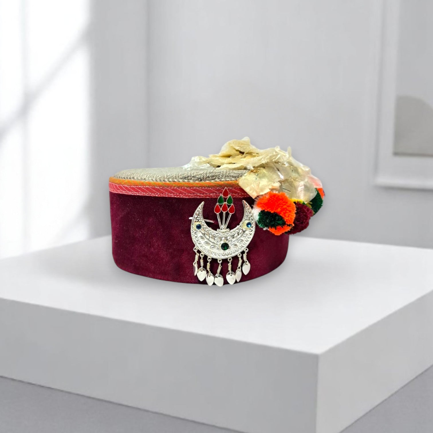 Himachali Traditional Tweed Topi with Maroon Patti and Pom-Poms Flower, Silver Chand on top Unisex Cap