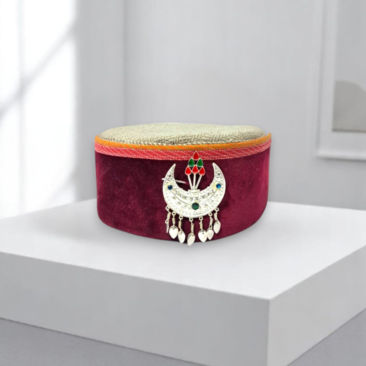 Himachal Traditional Tweed Patti Topi with Maroon Patti and Silver Chand on top Combo Unisex Cap