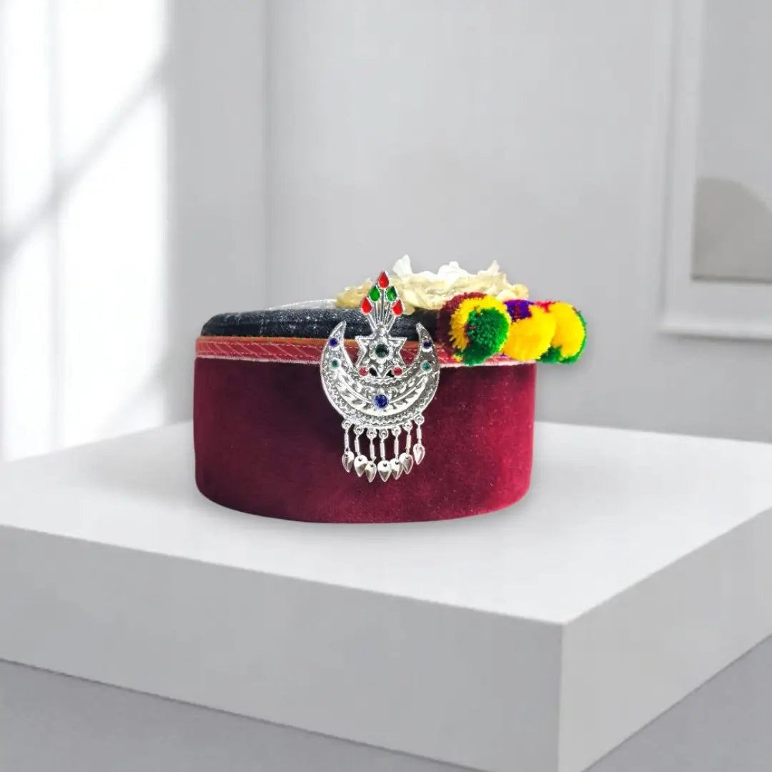 Premium Kinnauri Maroon Angora Wool Cap with Chand Star Kalgi & Floral Accessory | Unisex Himachali Pahadi Cap Combo (Set of 3)