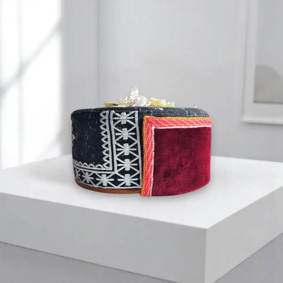 Premium Kinnauri Maroon Angora Wool Cap with Chand Star Kalgi & Floral Accessory | Unisex Himachali Pahadi Cap Combo (Set of 3)