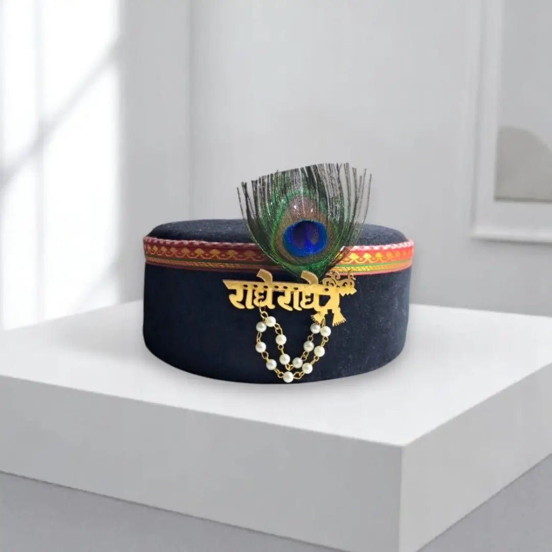 Himachali Black Saneel Gotta Cap with Radhe Radhe Kalgi | Unisex Pahadi Topi for Himachal & Uttarakhand
