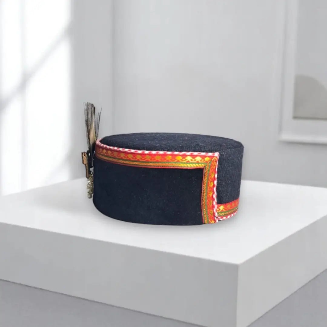 Himachali Black Saneel Gotta Cap with Radhe Radhe Kalgi | Unisex Pahadi Topi for Himachal & Uttarakhand