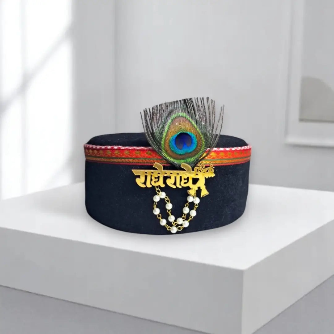 Himachali Black Saneel Gotta Cap with Radhe Radhe Kalgi | Unisex Pahadi Topi for Himachal & Uttarakhand