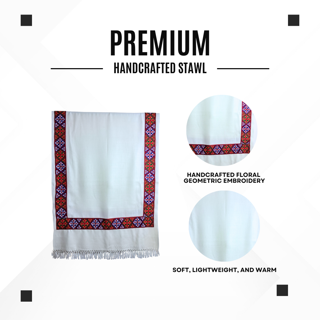 Women Premium Kinnauri Patti Woolen Stole - 100% Pure with Intricate Embroidery (Detailing) on All Four Sides