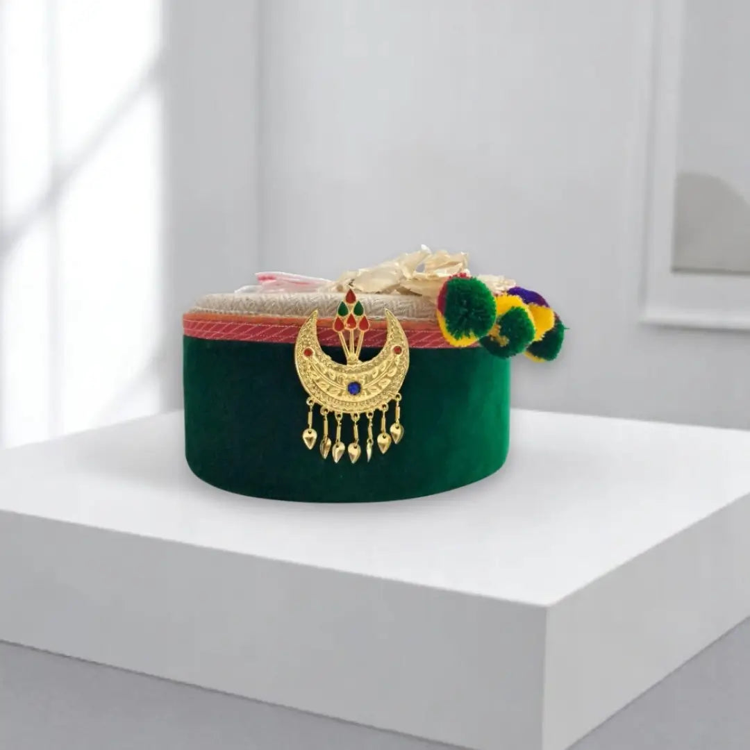 Authentic Green Himachali Tweed Patti Cap | All-Season Traditional Wool Headwear