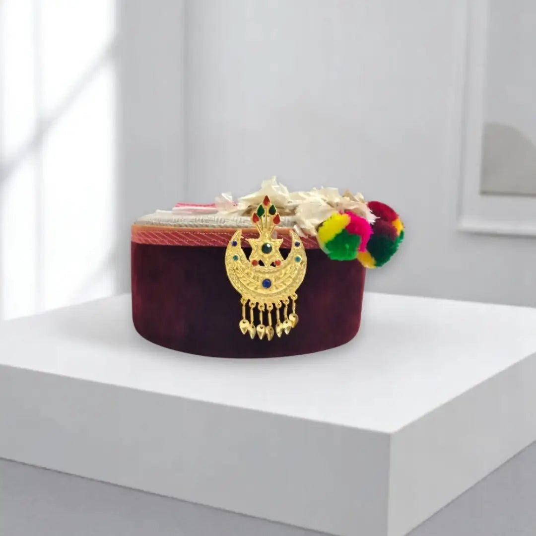 Maroon Tweed Patti Cap (Pack of 3) with Golden Chand Star Kalgi And Kinnauri Flower| Unisex Himachali Pahadi Topi