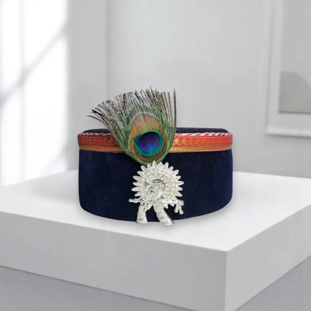 Himachali Black Saneel Gotta Cap with Krishna Flute Kalgi | Unisex Pahadi Topi for Himachal & Uttarakhand