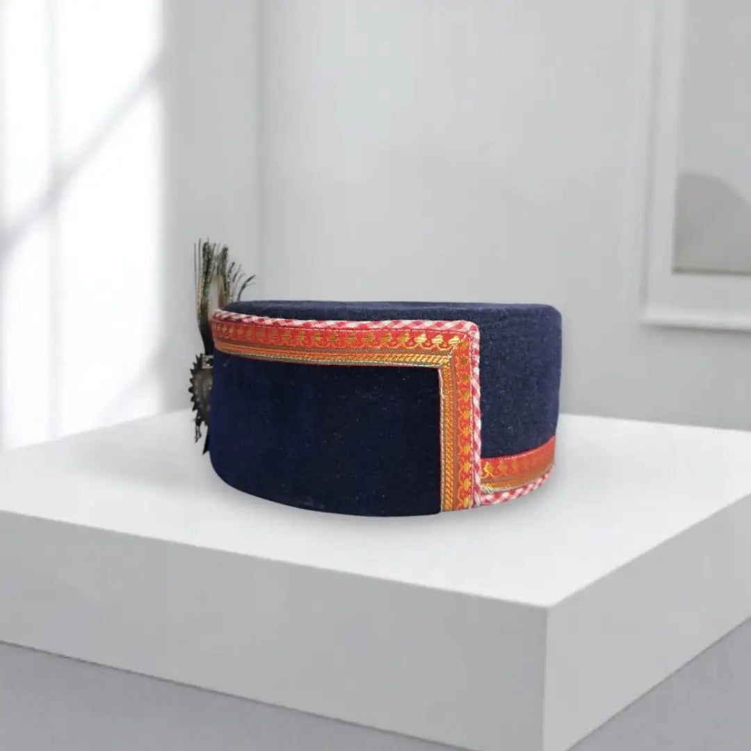 Himachali Black Saneel Gotta Cap with Krishna Flute Kalgi | Unisex Pahadi Topi for Himachal & Uttarakhand