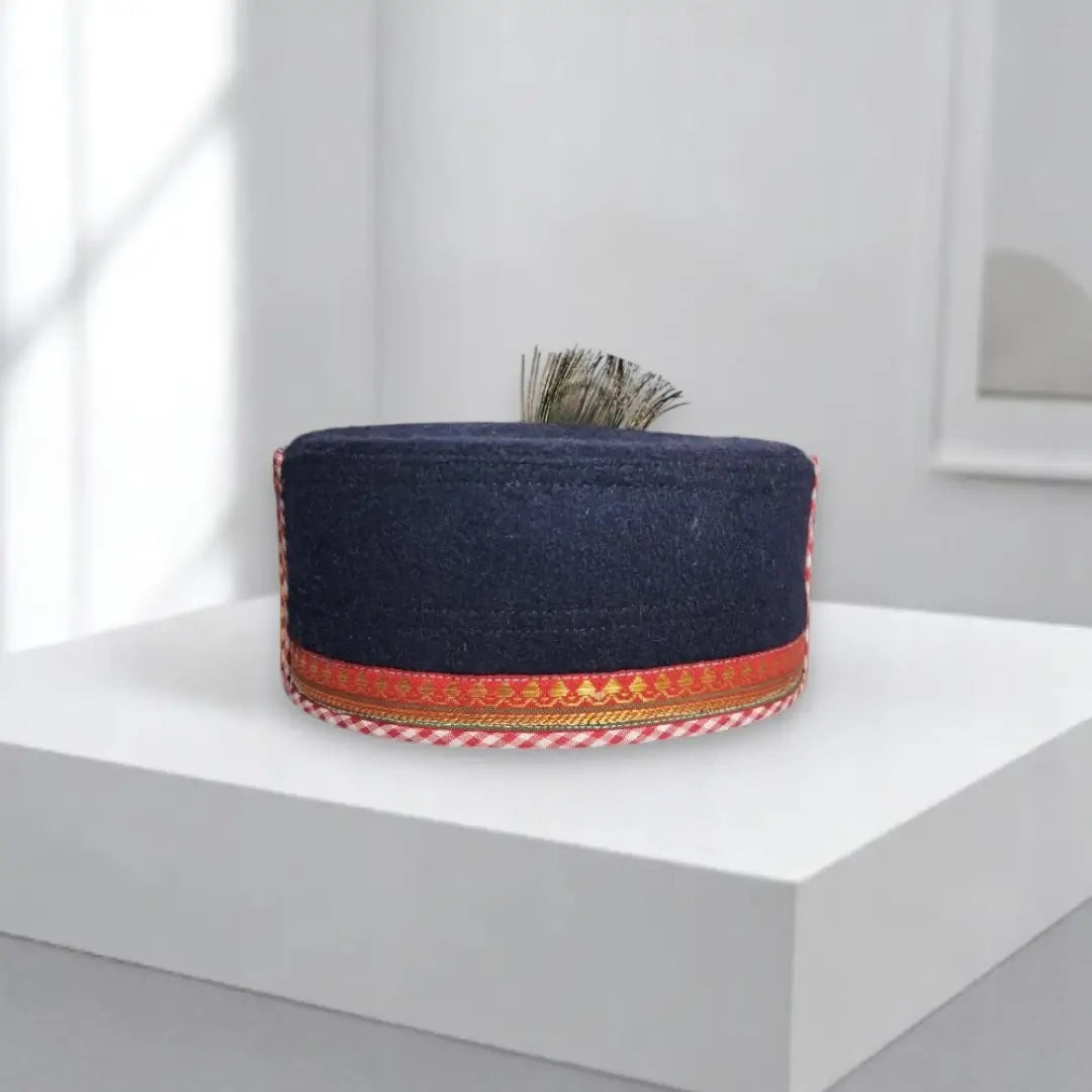 Himachali Black Saneel Gotta Cap with Krishna Flute Kalgi | Unisex Pahadi Topi for Himachal & Uttarakhand