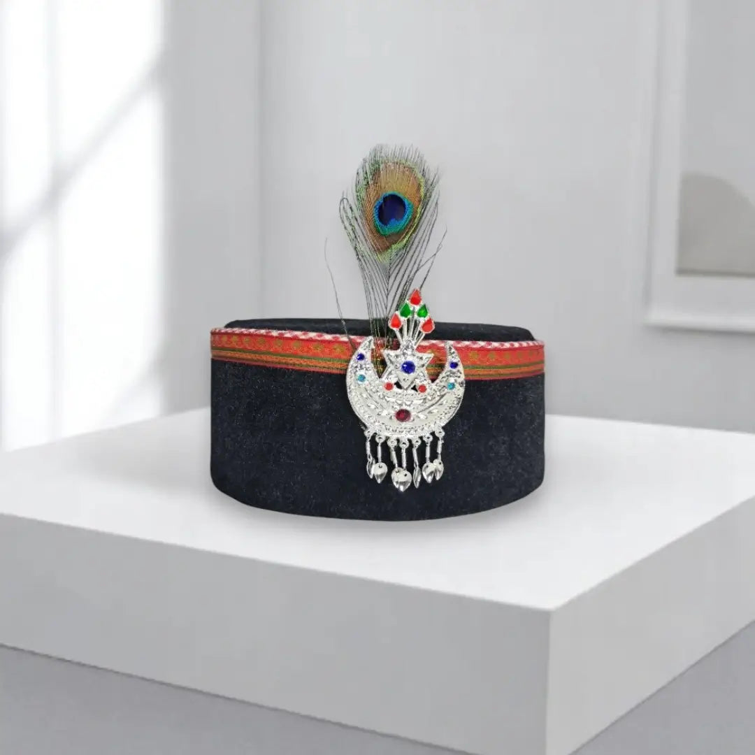 Himachali Black Saneel Gotta Cap with Silver Color Chand Kalgi | Unisex Pahadi Topi for Himachal &amp; Uttarakhand