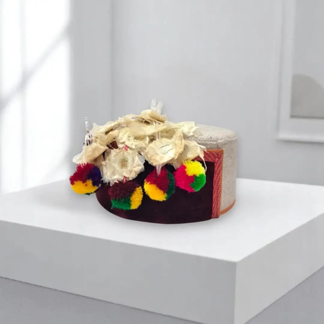 Maroon Tweed Patti Cap (Pack of 3) with Golden Chand Star Kalgi And Kinnauri Flower| Unisex Himachali Pahadi Topi