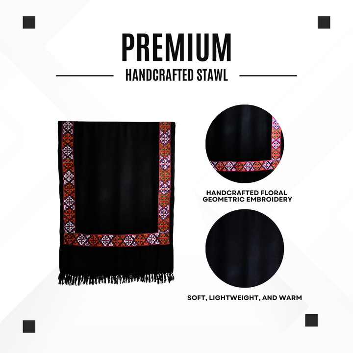 Women Premium Kinnauri Patti Woolen Stole - 100% Pure with Intricate Embroidery (Detailing) on All Four Sides