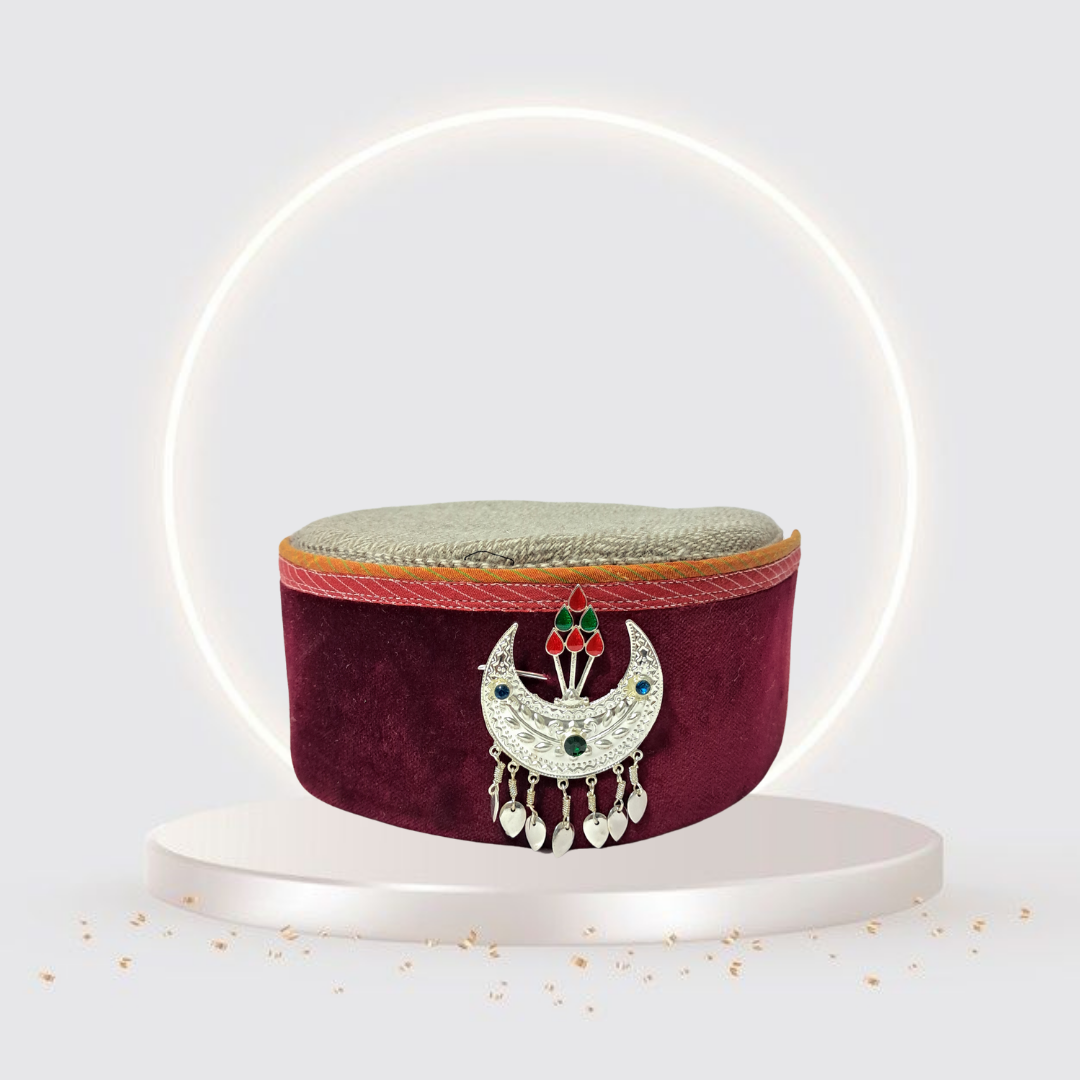 Himachali Traditional Tweed Topi with Maroon Patti and Pom-Poms Flower, Silver Chand on top Unisex Cap
