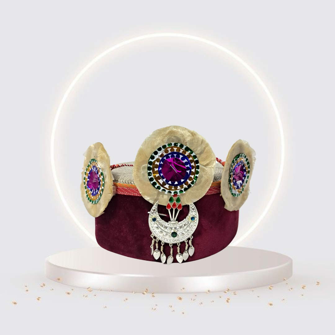 Himachali Traditional Tweed Topi with Maroon Patti and Pom-Poms Flower, Silver Chand on top Unisex Cap